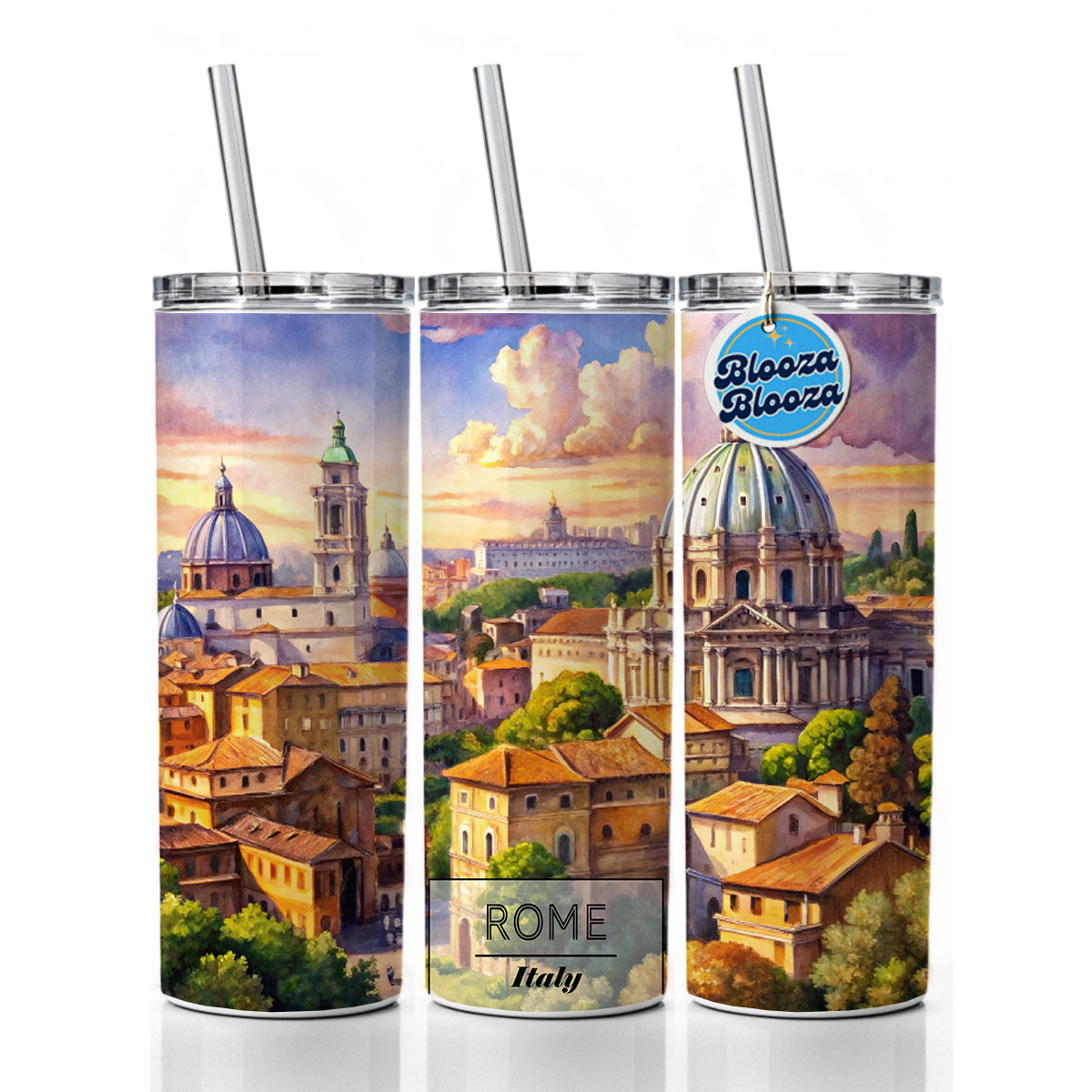 Rome Italy Travel City Watercolor Skinny Tumbler 20oz with Straw Insulated Water Bottle Gift