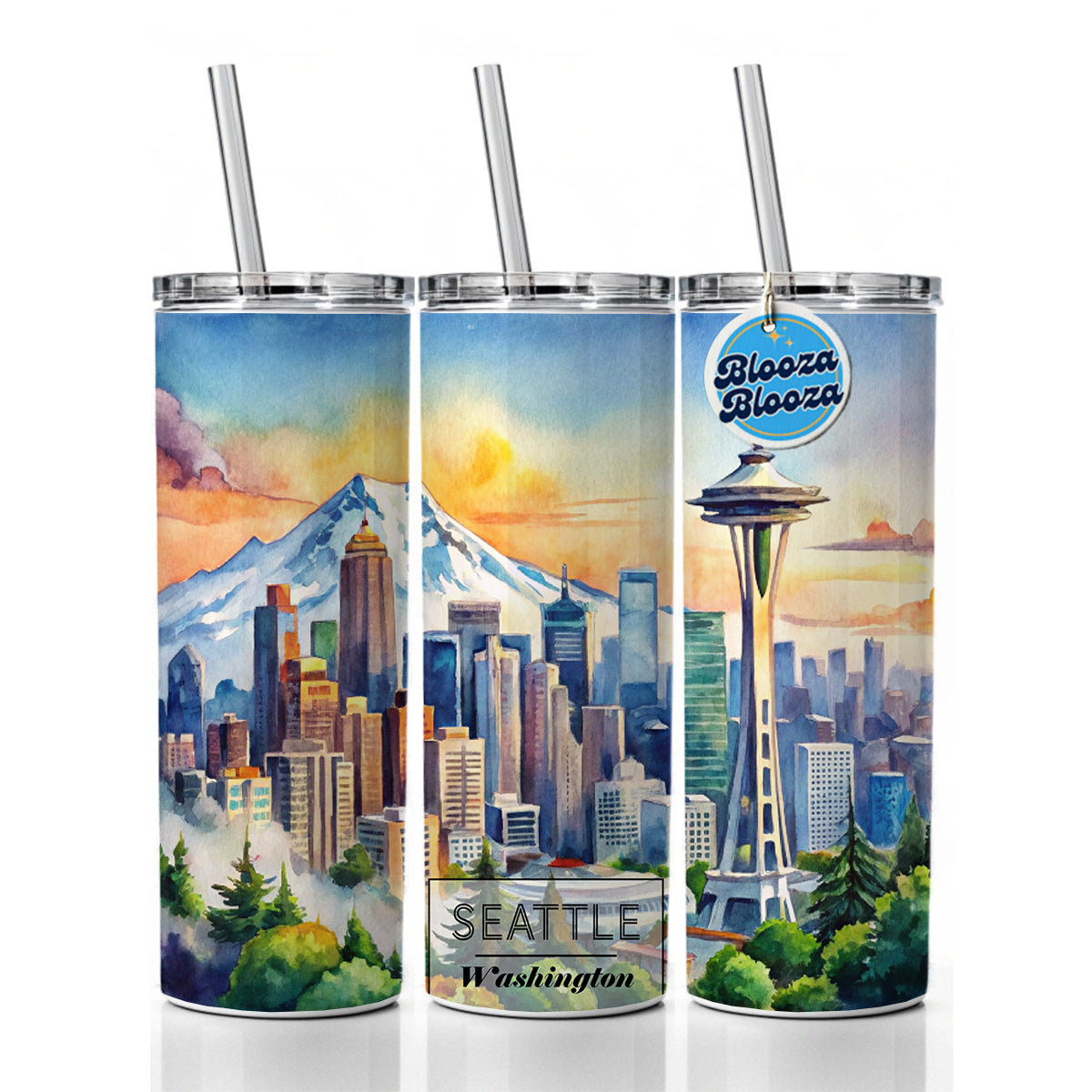 Seattle Washington Space Needle Travel City Watercolor Skinny Tumbler 20oz with Straw Insulated Water Bottle Gift