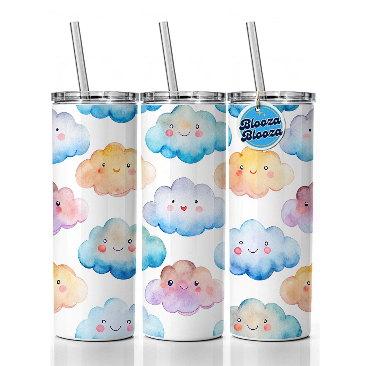 Sweet Smiling Clouds In A Row Watercolor Skinny Tumbler 20oz with Straw Insulated Water Bottle Gift