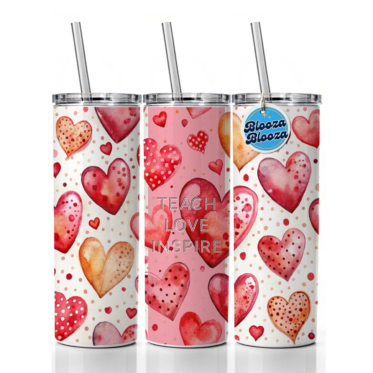Teach Love Inspire Red Hearts Teacher Appreciation Skinny Tumbler 20oz with Straw Insulated Water Bottle Gift