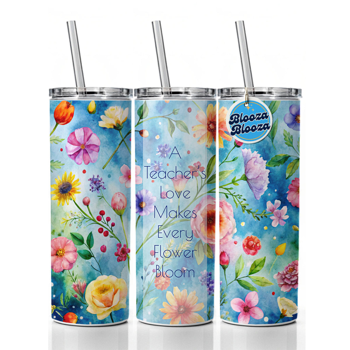Teacher's Love Appreciation Flowers Blue Skinny Tumbler 20oz with Straw Insulated Water Bottle Gift