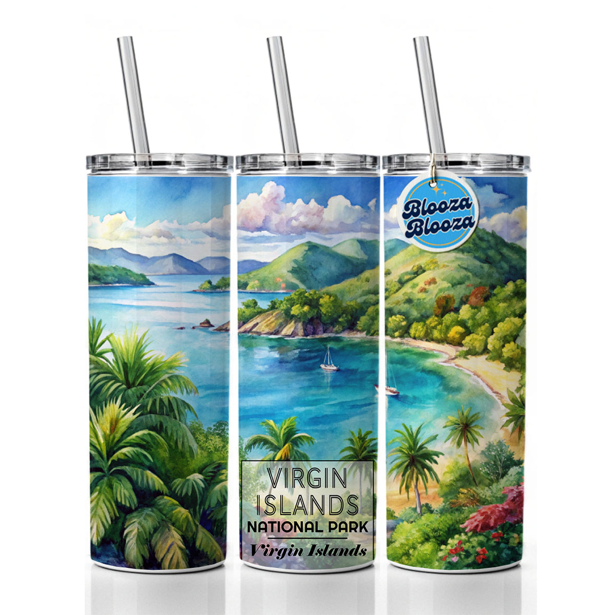 Virgin Islands National Park Watercolor Skinny Tumbler 20oz with Straw Insulated Water Bottle Gift