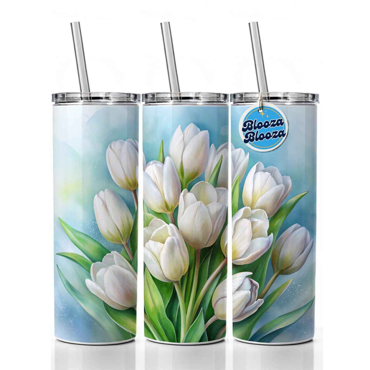 White Tulips Flowers Watercolor Skinny Tumbler 20oz with Straw Insulated Water Bottle Gift