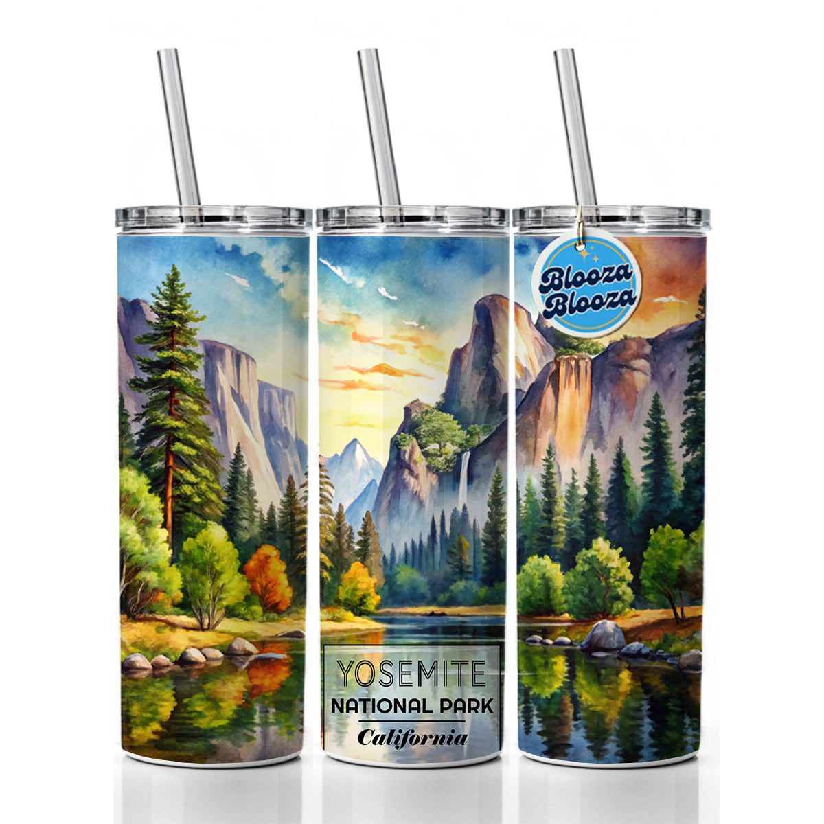 Yosemite National Park California Watercolor Skinny Tumbler 20oz with Straw Insulated Water Bottle Gift