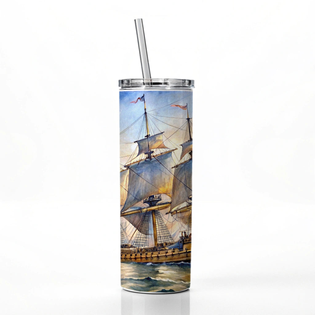 18th Century Sailing War Ship Of The Line Watercolor Skinny Tumbler 20oz with Straw Insulated Water Bottle Gift