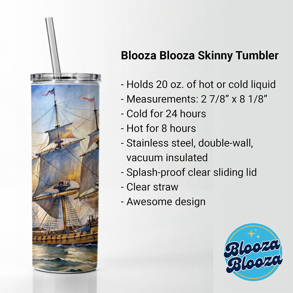 18th Century Sailing War Ship Of The Line Watercolor Skinny Tumbler 20oz with Straw Insulated Water Bottle Gift