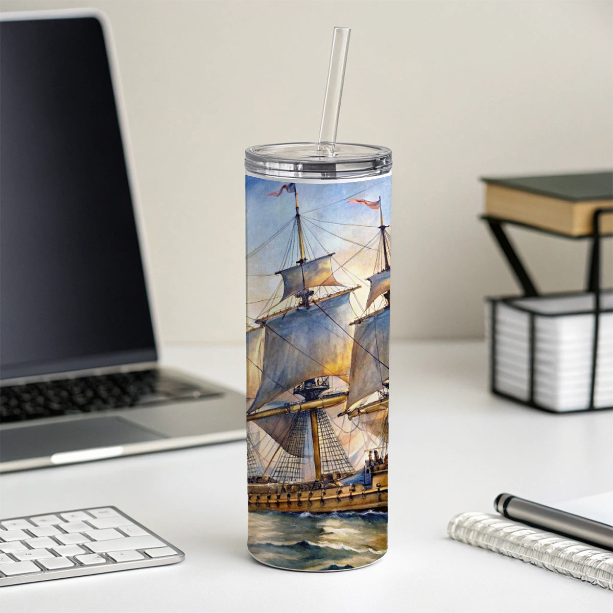 18th Century Sailing War Ship Of The Line Watercolor Skinny Tumbler 20oz with Straw Insulated Water Bottle Gift