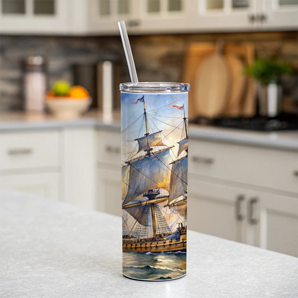 18th Century Sailing War Ship Of The Line Watercolor Skinny Tumbler 20oz with Straw Insulated Water Bottle Gift