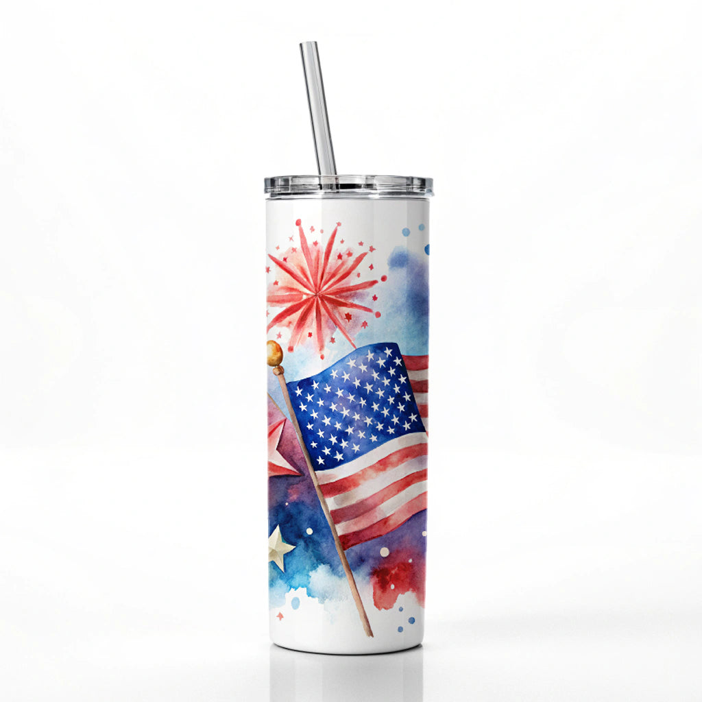 4th Of July Patriotic Independence Day Watercolor Skinny Tumbler 20oz with Straw Insulated Water Bottle Gift