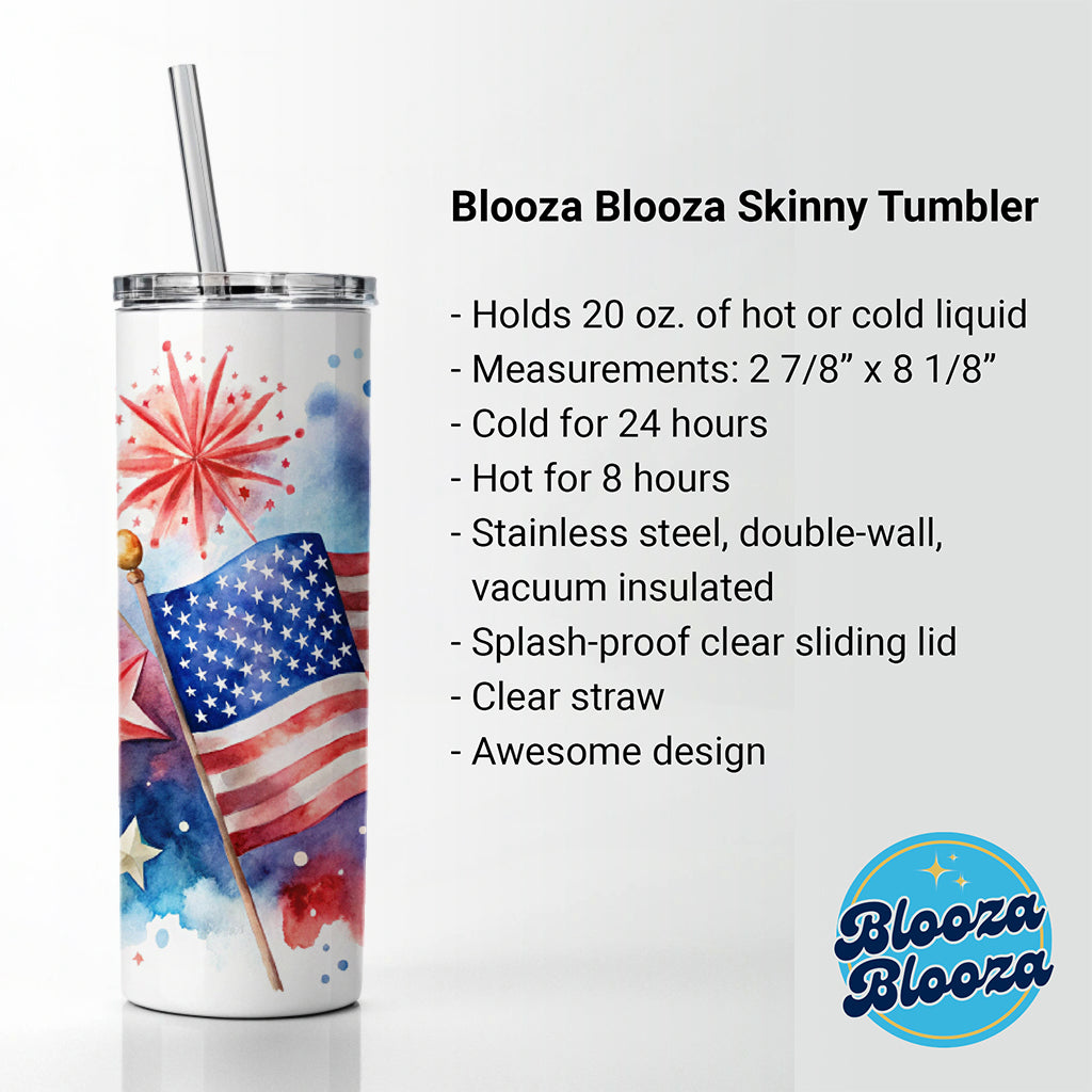 4th Of July Patriotic Independence Day Watercolor Skinny Tumbler 20oz with Straw Insulated Water Bottle Gift
