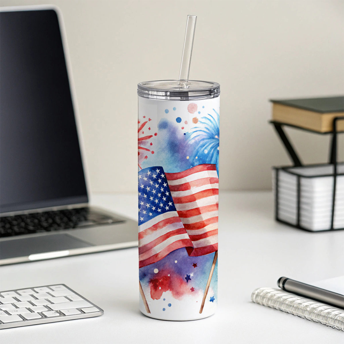 4th Of July Patriotic Independence Day Watercolor Skinny Tumbler 20oz with Straw Insulated Water Bottle Gift