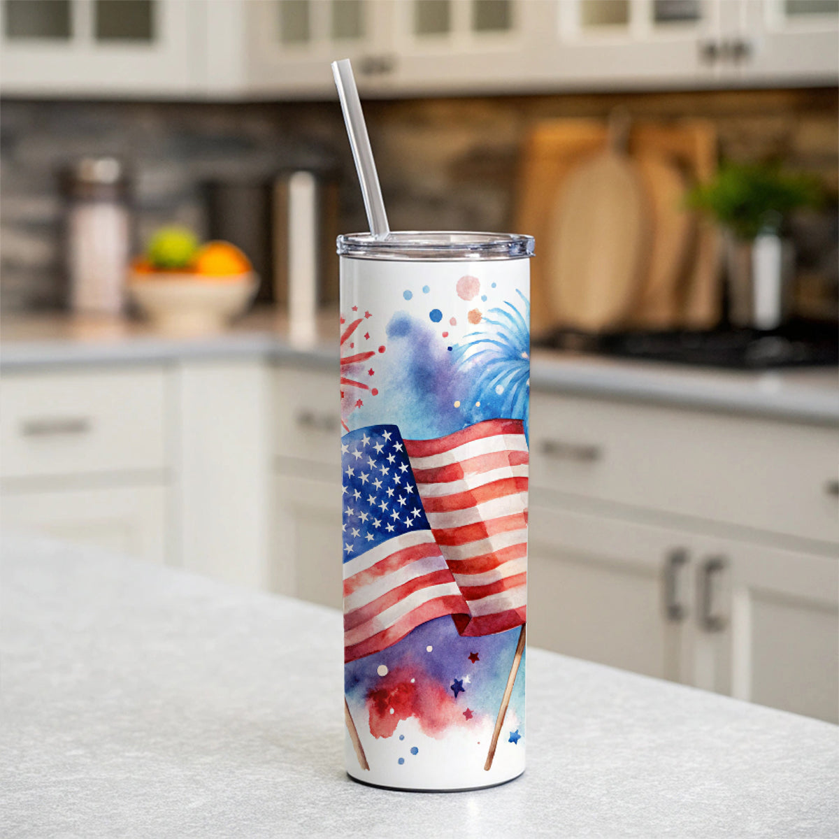 4th Of July Patriotic Independence Day Watercolor Skinny Tumbler 20oz with Straw Insulated Water Bottle Gift