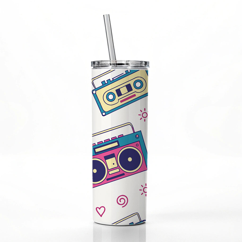 80's Eighties Theme Style Skinny Tumbler 20oz with Straw Insulated Water Bottle Gift