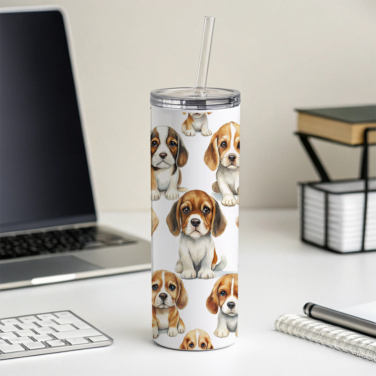 Adorable Puppies Dogs Skinny Tumbler 20oz with Straw Insulated Water Bottle Gift