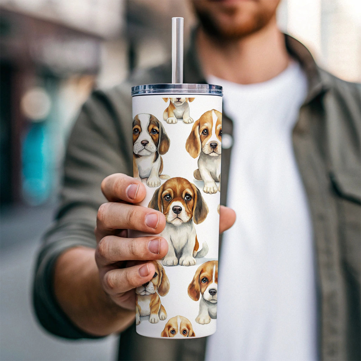 Adorable Puppies Dogs Skinny Tumbler 20oz with Straw Insulated Water Bottle Gift