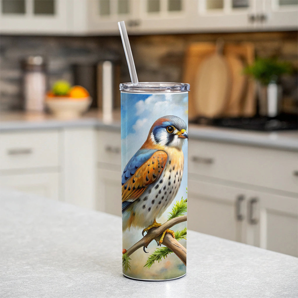 American Kestrel Raptor Bird Of Prey In Tree Scene Watercolor Skinny Tumbler 20oz with Straw Insulated Water Bottle Gift