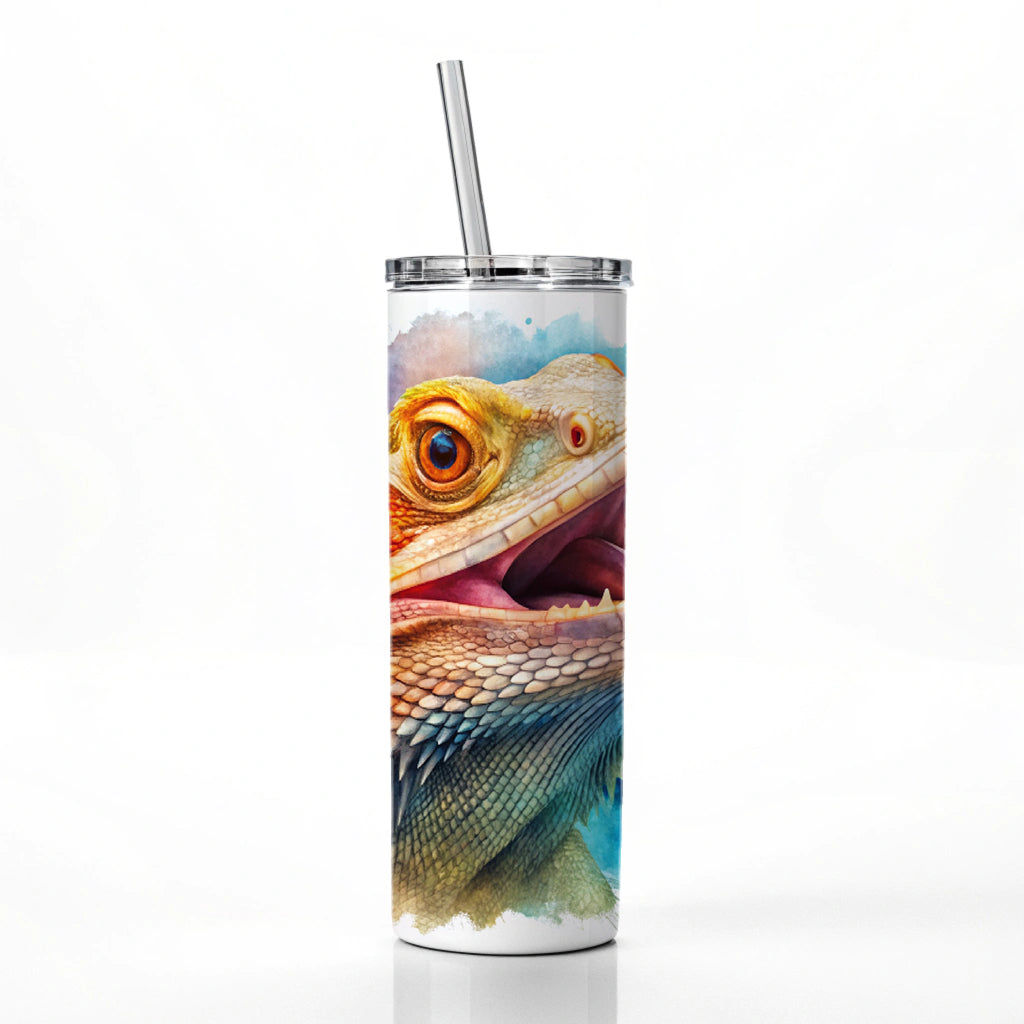 Angry Mad Bearded Dragon Watercolor Skinny Tumbler 20oz with Straw Insulated Water Bottle Gift