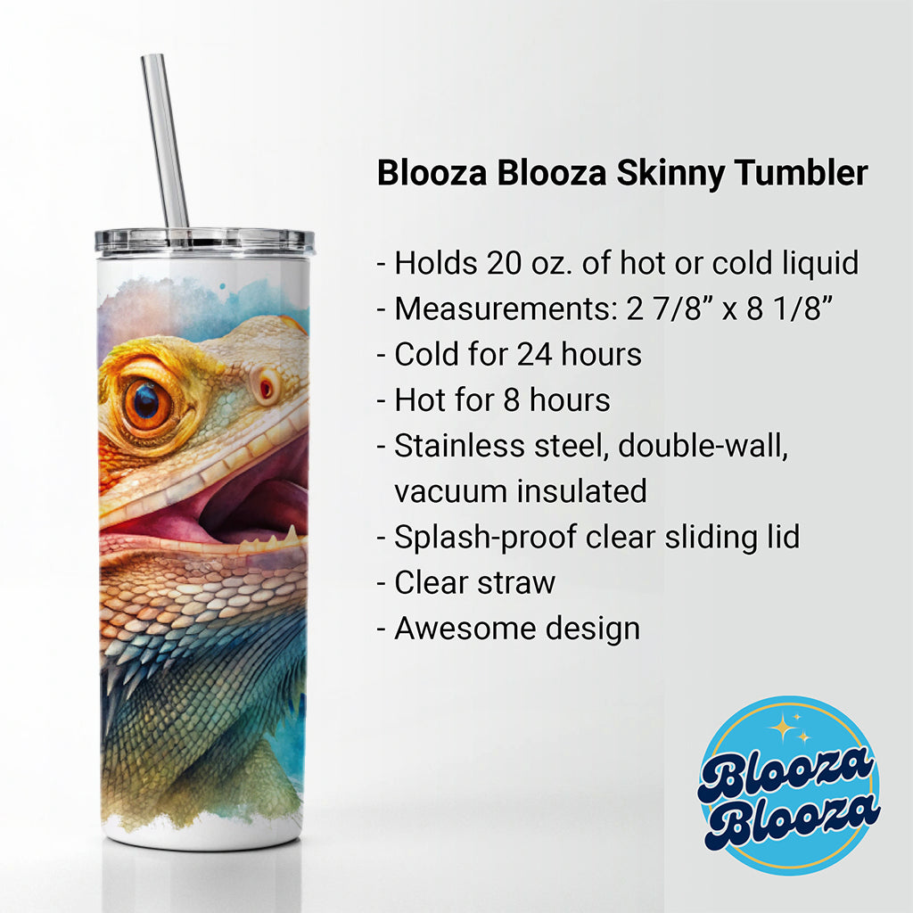 Angry Mad Bearded Dragon Watercolor Skinny Tumbler 20oz with Straw Insulated Water Bottle Gift