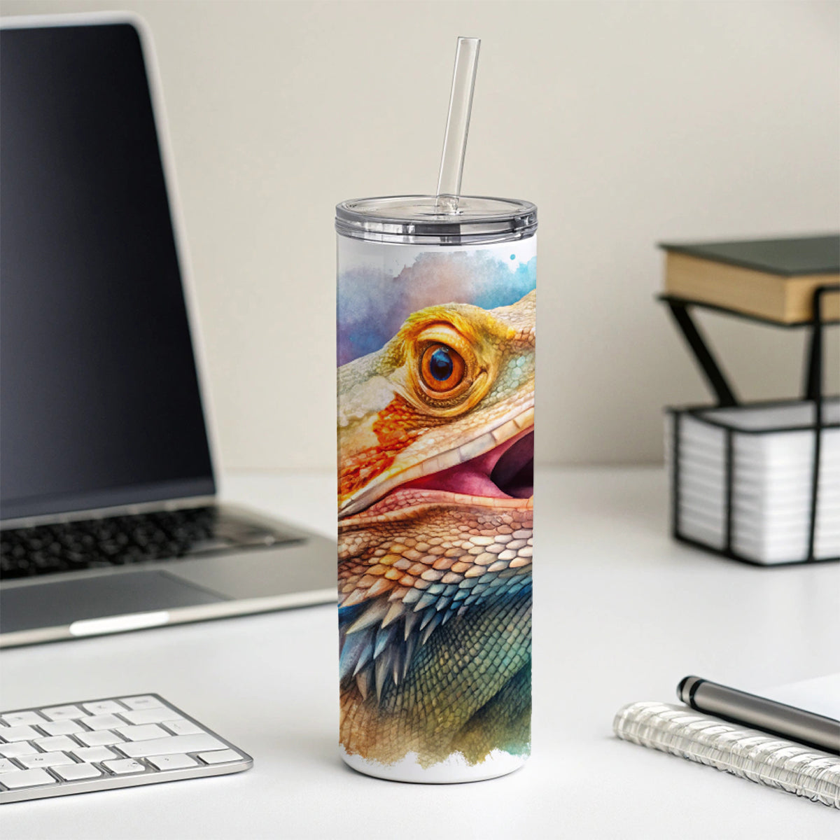 Angry Mad Bearded Dragon Watercolor Skinny Tumbler 20oz with Straw Insulated Water Bottle Gift