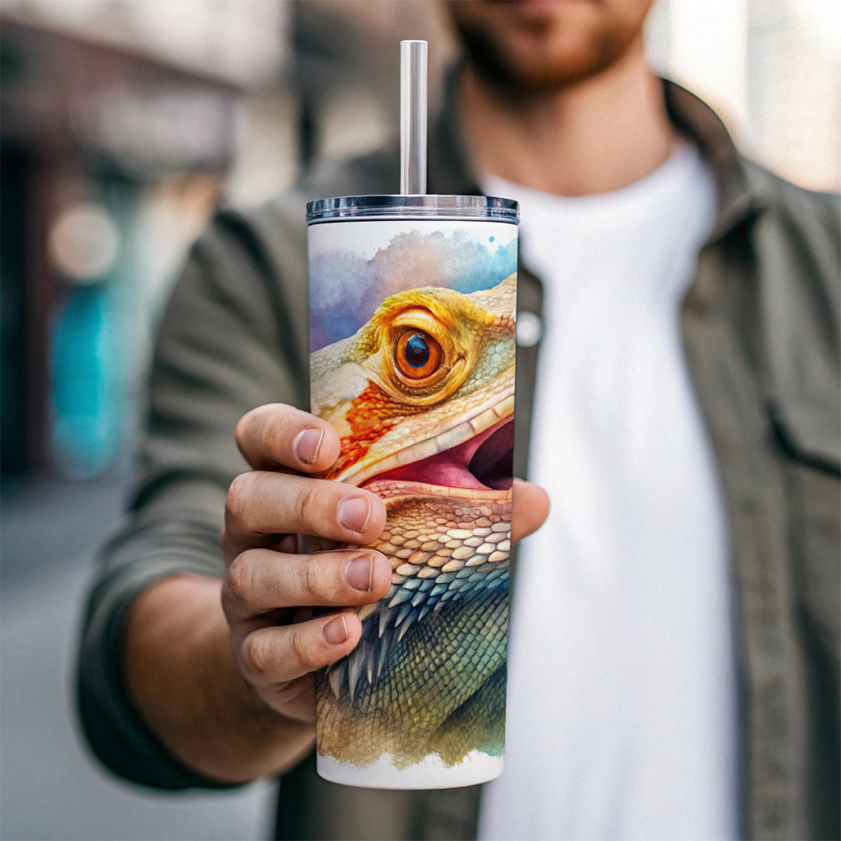 Angry Mad Bearded Dragon Watercolor Skinny Tumbler 20oz with Straw Insulated Water Bottle Gift