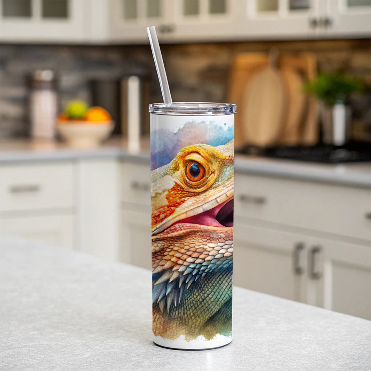 Angry Mad Bearded Dragon Watercolor Skinny Tumbler 20oz with Straw Insulated Water Bottle Gift