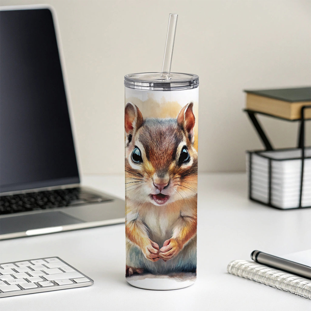 Angry Mad Chipmunk Watercolor Skinny Tumbler 20oz with Straw Insulated Water Bottle Gift