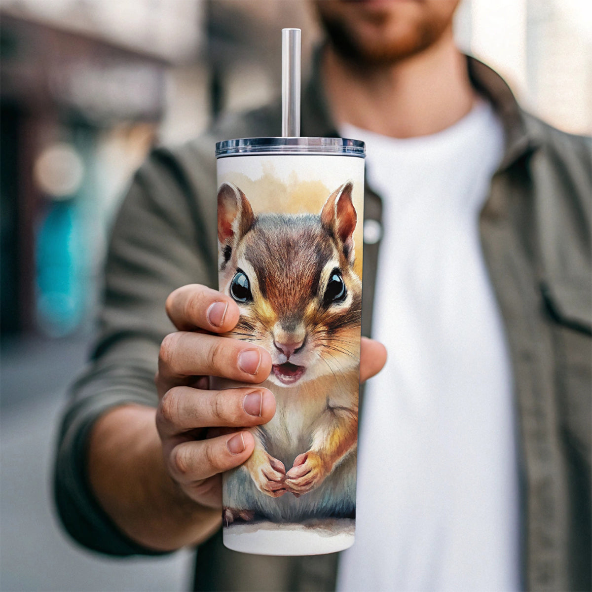 Angry Mad Chipmunk Watercolor Skinny Tumbler 20oz with Straw Insulated Water Bottle Gift