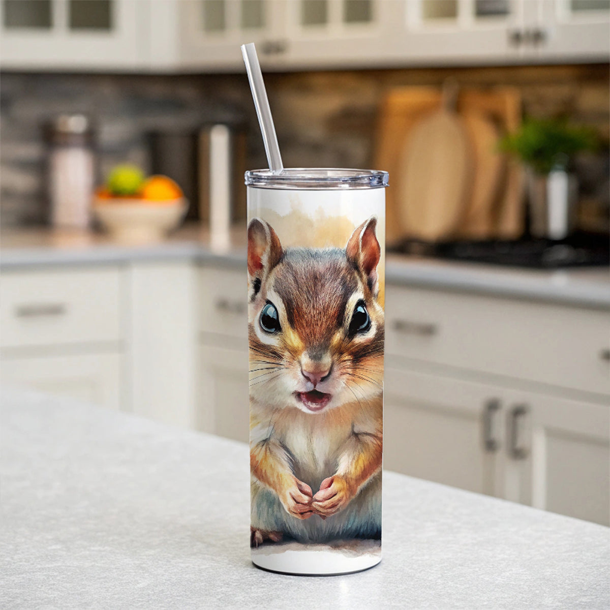 Angry Mad Chipmunk Watercolor Skinny Tumbler 20oz with Straw Insulated Water Bottle Gift
