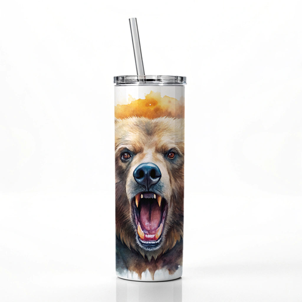 Angry Mad Grizzly Bear Watercolor Skinny Tumbler 20oz with Straw Insulated Water Bottle Gift