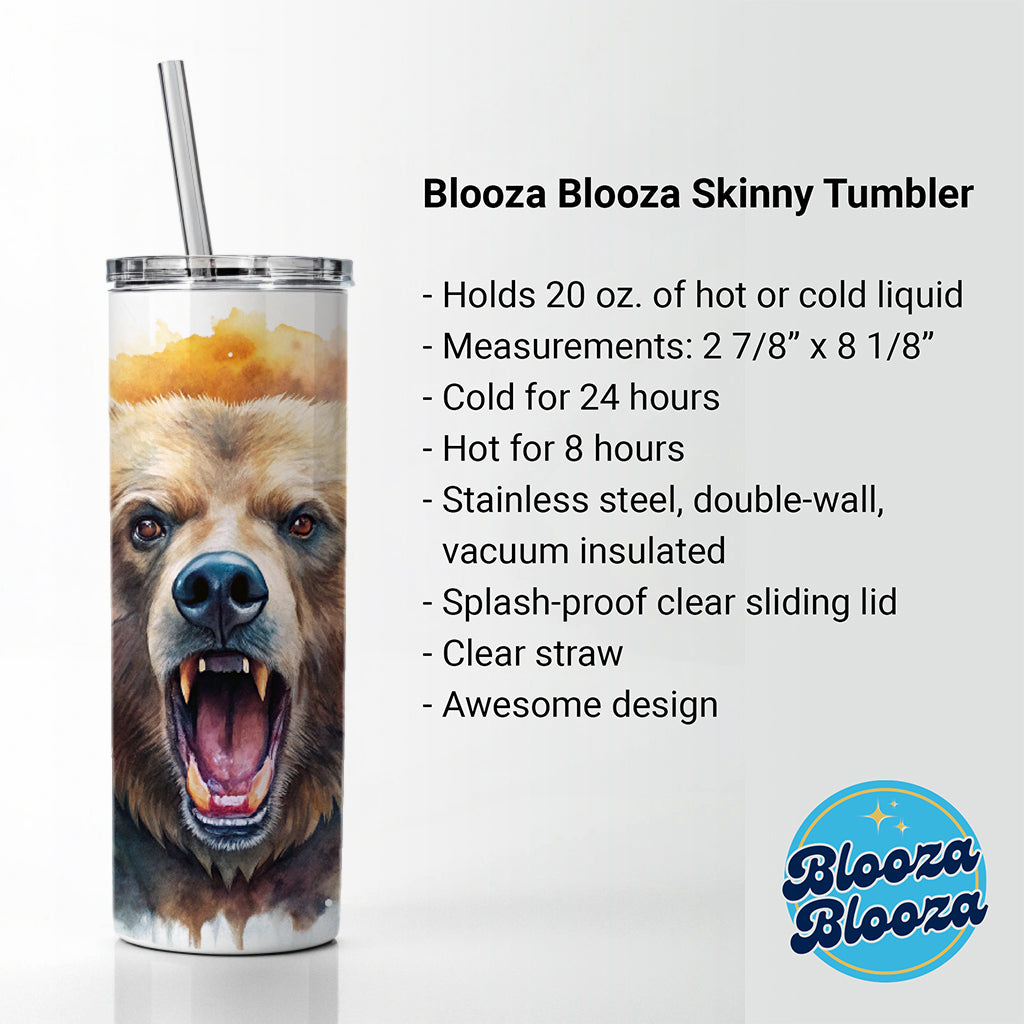 Angry Mad Grizzly Bear Watercolor Skinny Tumbler 20oz with Straw Insulated Water Bottle Gift