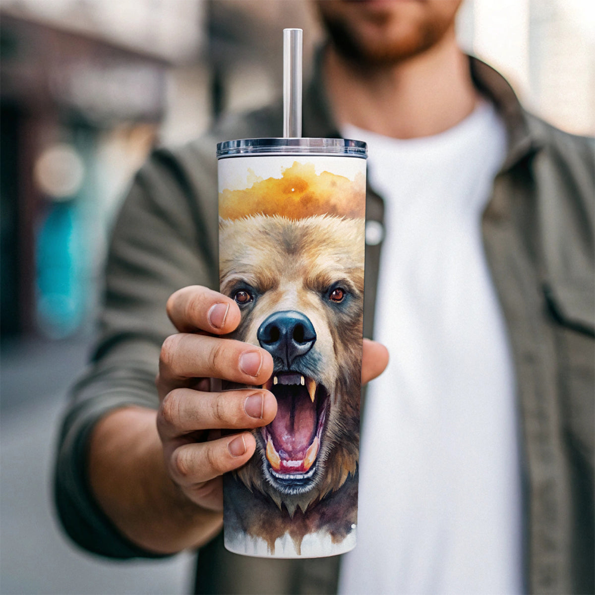 Angry Mad Grizzly Bear Watercolor Skinny Tumbler 20oz with Straw Insulated Water Bottle Gift