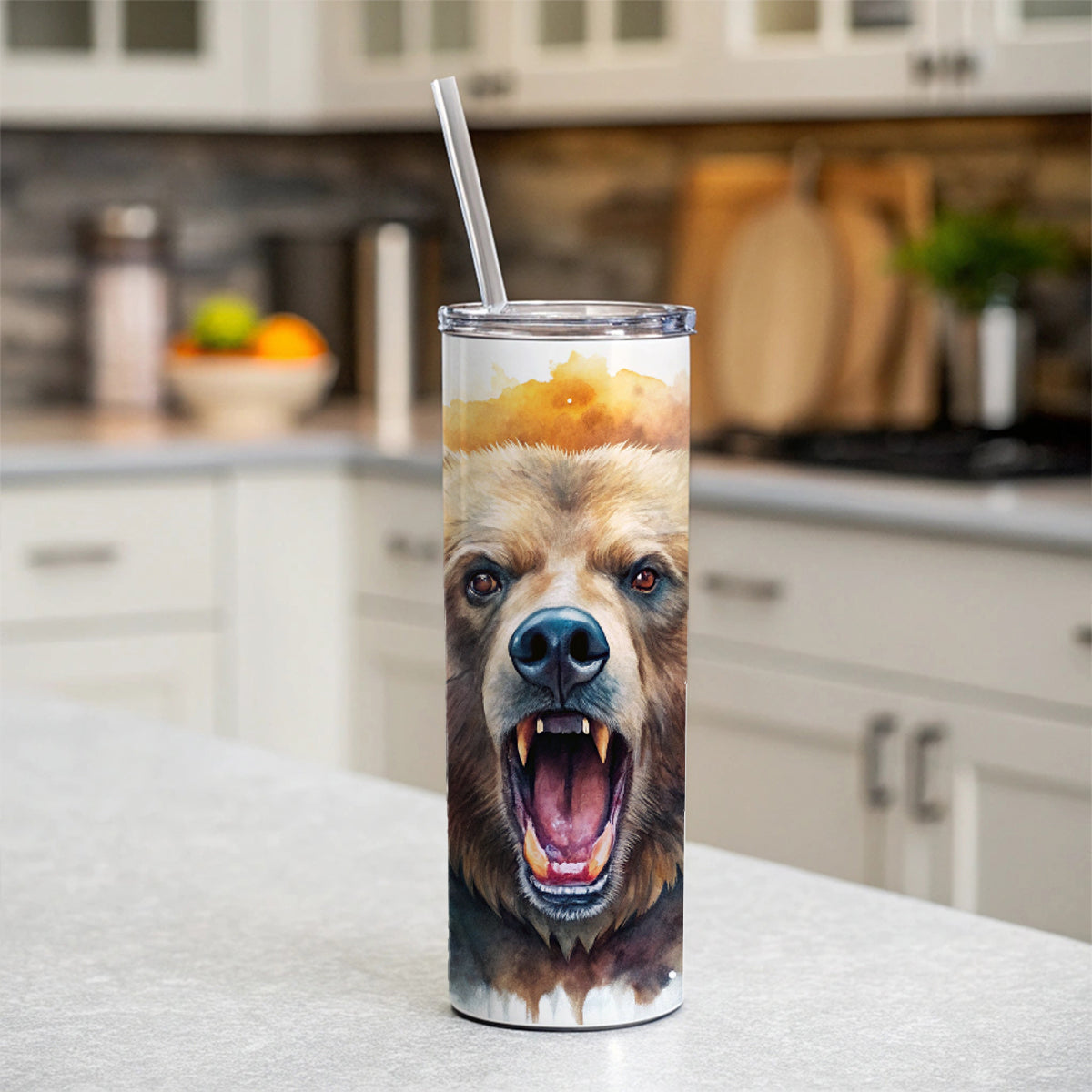 Angry Mad Grizzly Bear Watercolor Skinny Tumbler 20oz with Straw Insulated Water Bottle Gift