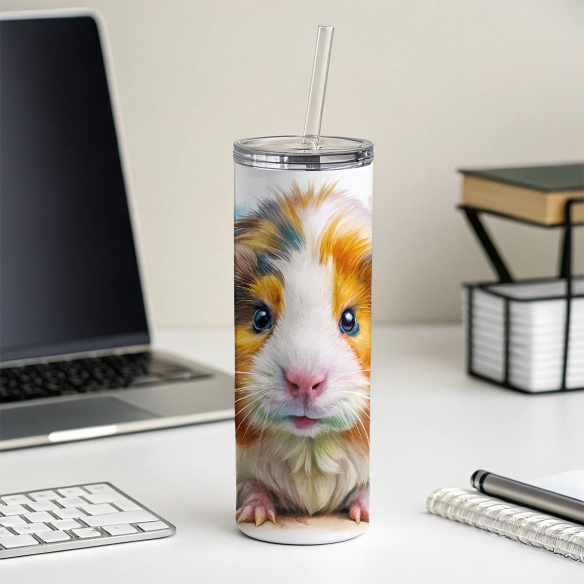Angry Mad Guinea Pig Watercolor Skinny Tumbler 20oz with Straw Insulated Water Bottle Gift