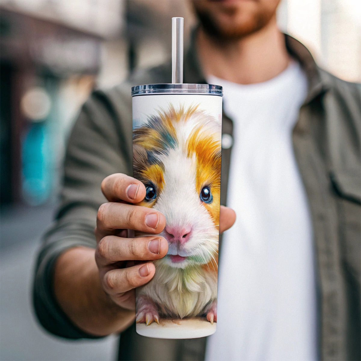 Angry Mad Guinea Pig Watercolor Skinny Tumbler 20oz with Straw Insulated Water Bottle Gift