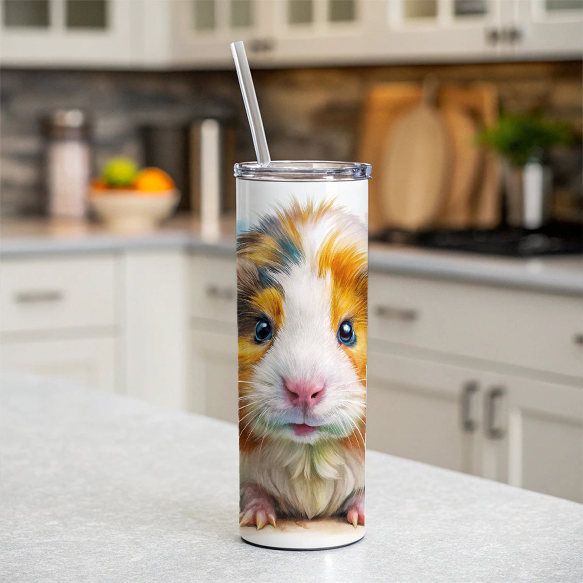 Angry Mad Guinea Pig Watercolor Skinny Tumbler 20oz with Straw Insulated Water Bottle Gift