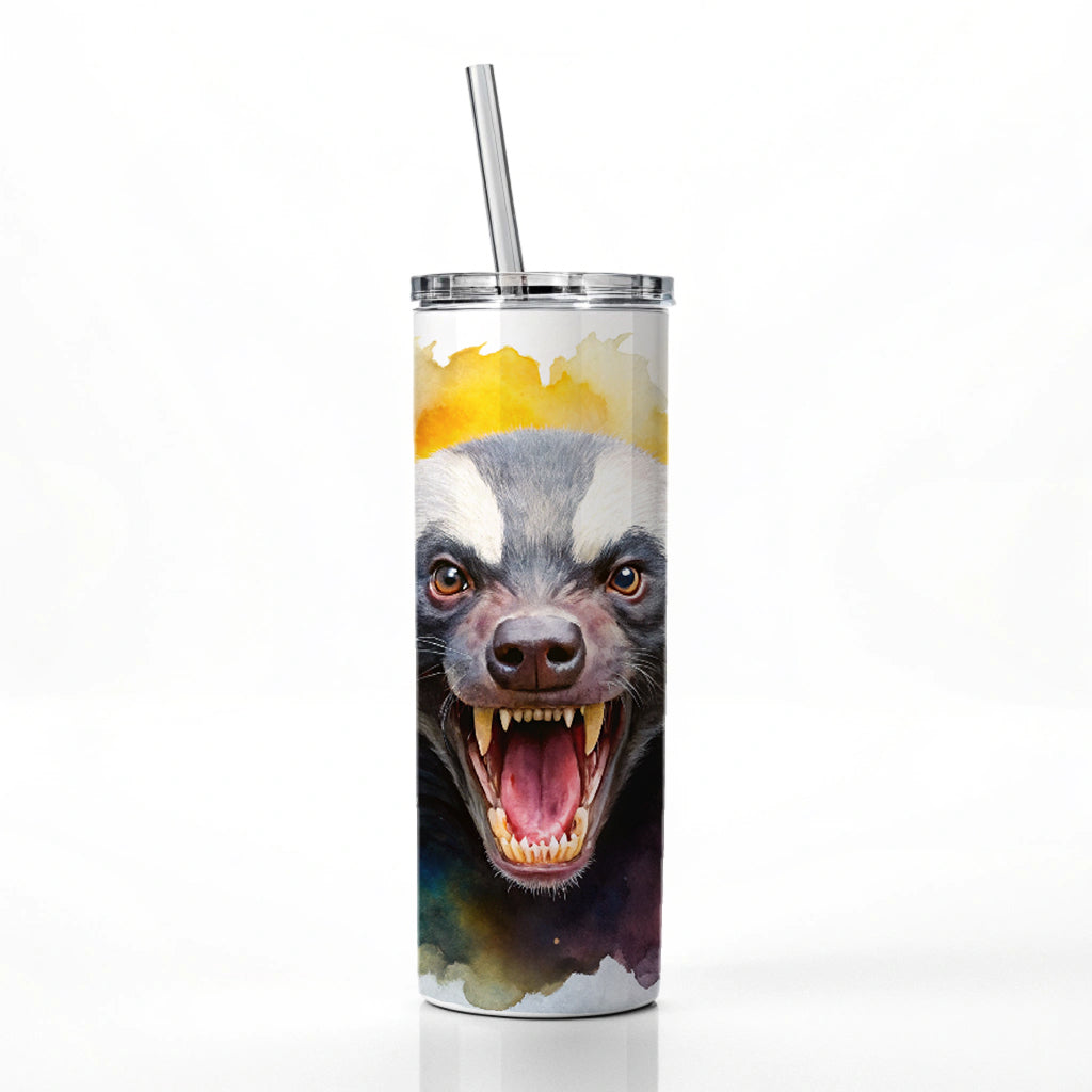 Angry Mad Honey Badger Watercolor Skinny Tumbler 20oz with Straw Insulated Water Bottle Gift