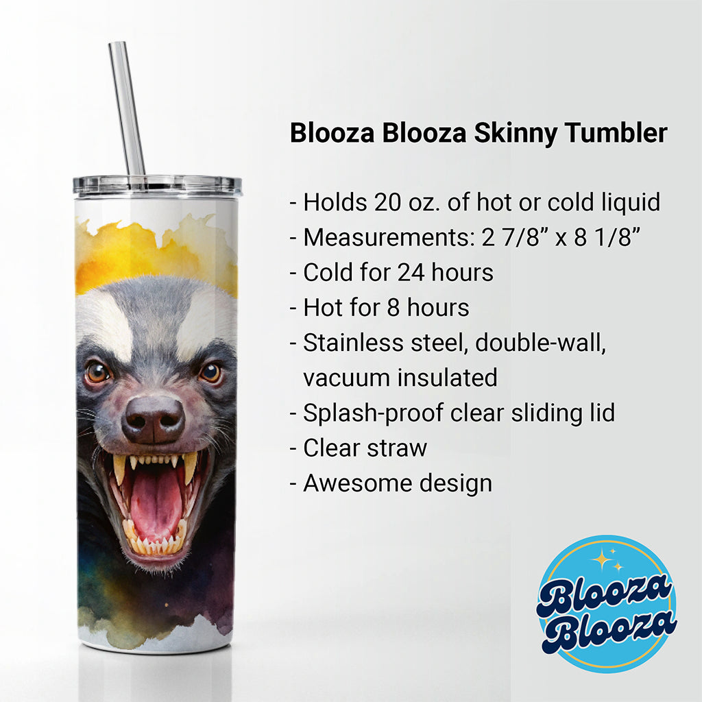 Angry Mad Honey Badger Watercolor Skinny Tumbler 20oz with Straw Insulated Water Bottle Gift