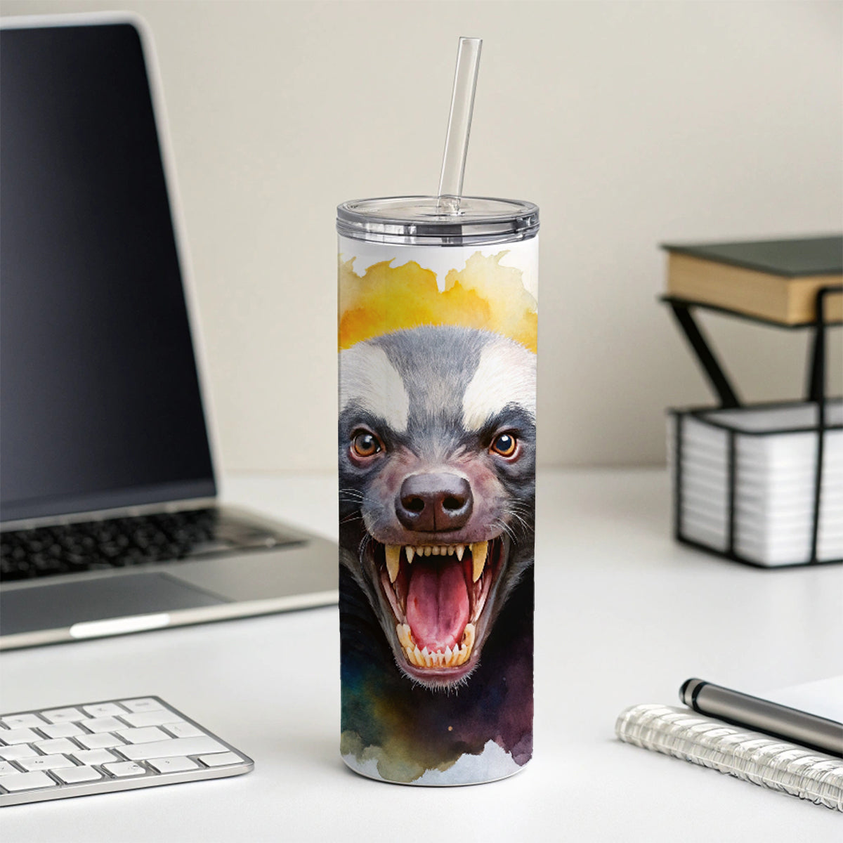 Angry Mad Honey Badger Watercolor Skinny Tumbler 20oz with Straw Insulated Water Bottle Gift