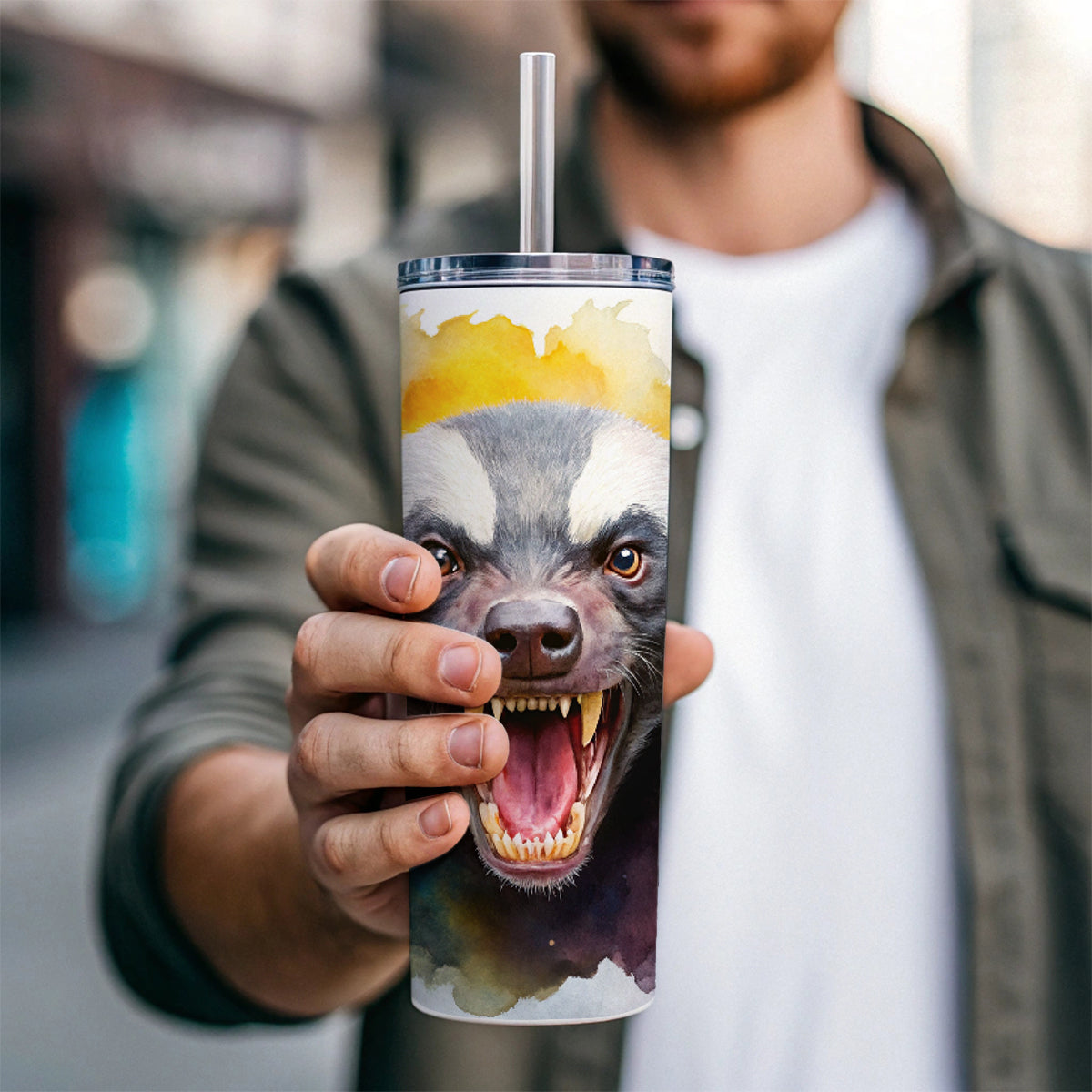 Angry Mad Honey Badger Watercolor Skinny Tumbler 20oz with Straw Insulated Water Bottle Gift