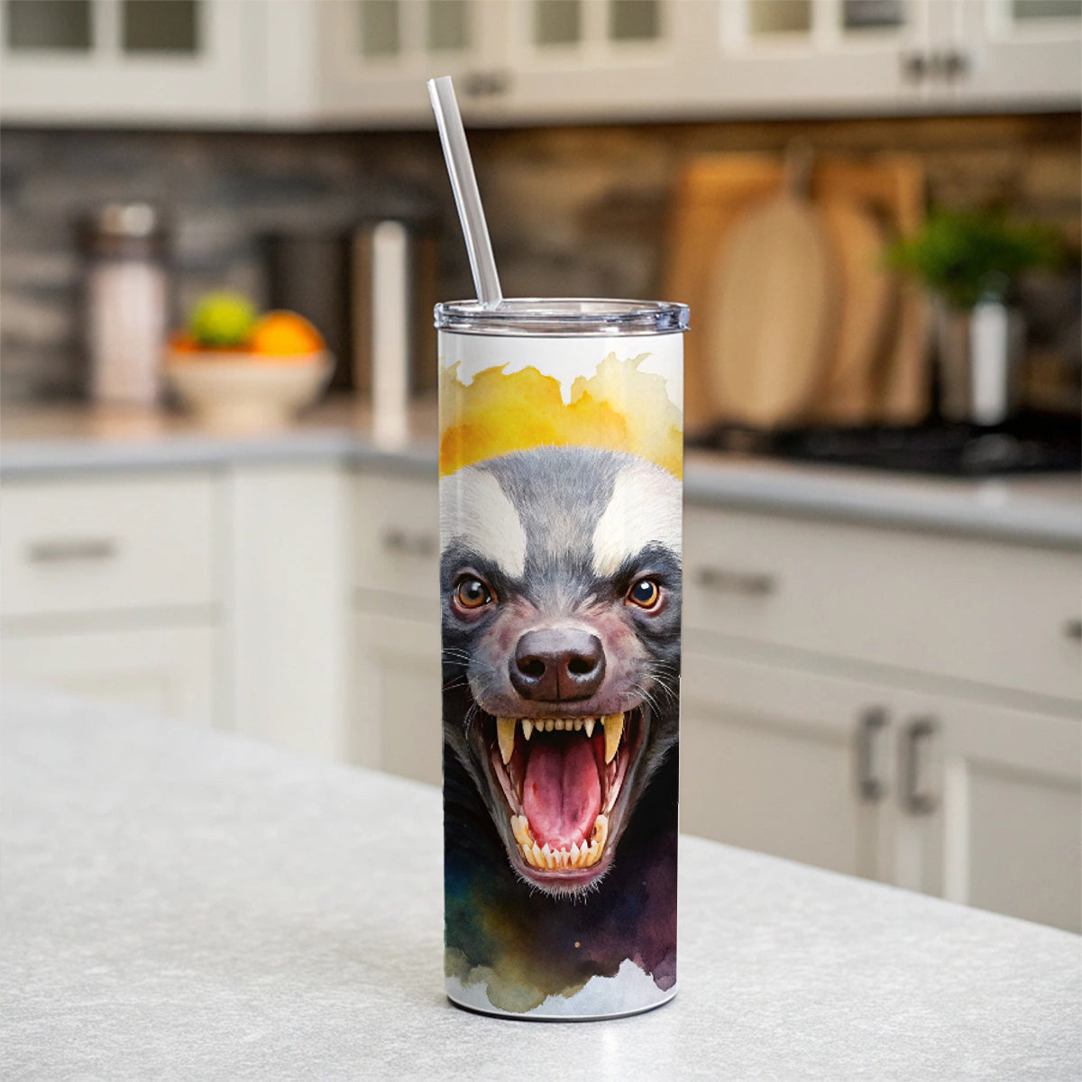 Angry Mad Honey Badger Watercolor Skinny Tumbler 20oz with Straw Insulated Water Bottle Gift