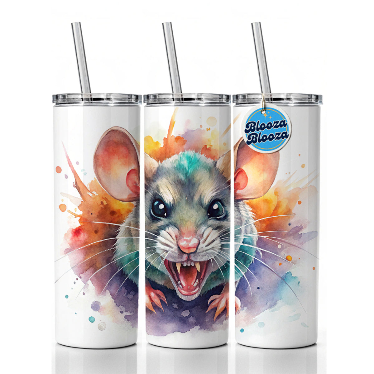 Angry Mad Mouse Watercolor Skinny Tumbler 20oz with Straw Insulated Water Bottle Gift