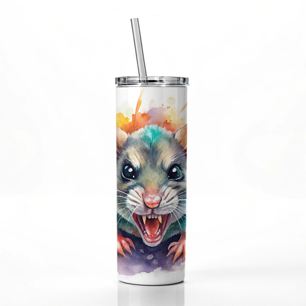 Angry Mad Mouse Watercolor Skinny Tumbler 20oz with Straw Insulated Water Bottle Gift
