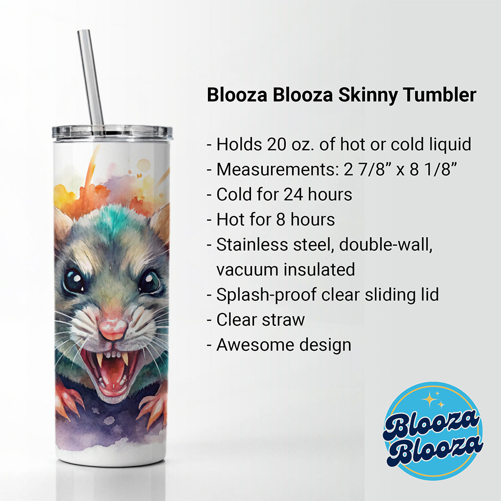 Angry Mad Mouse Watercolor Skinny Tumbler 20oz with Straw Insulated Water Bottle Gift