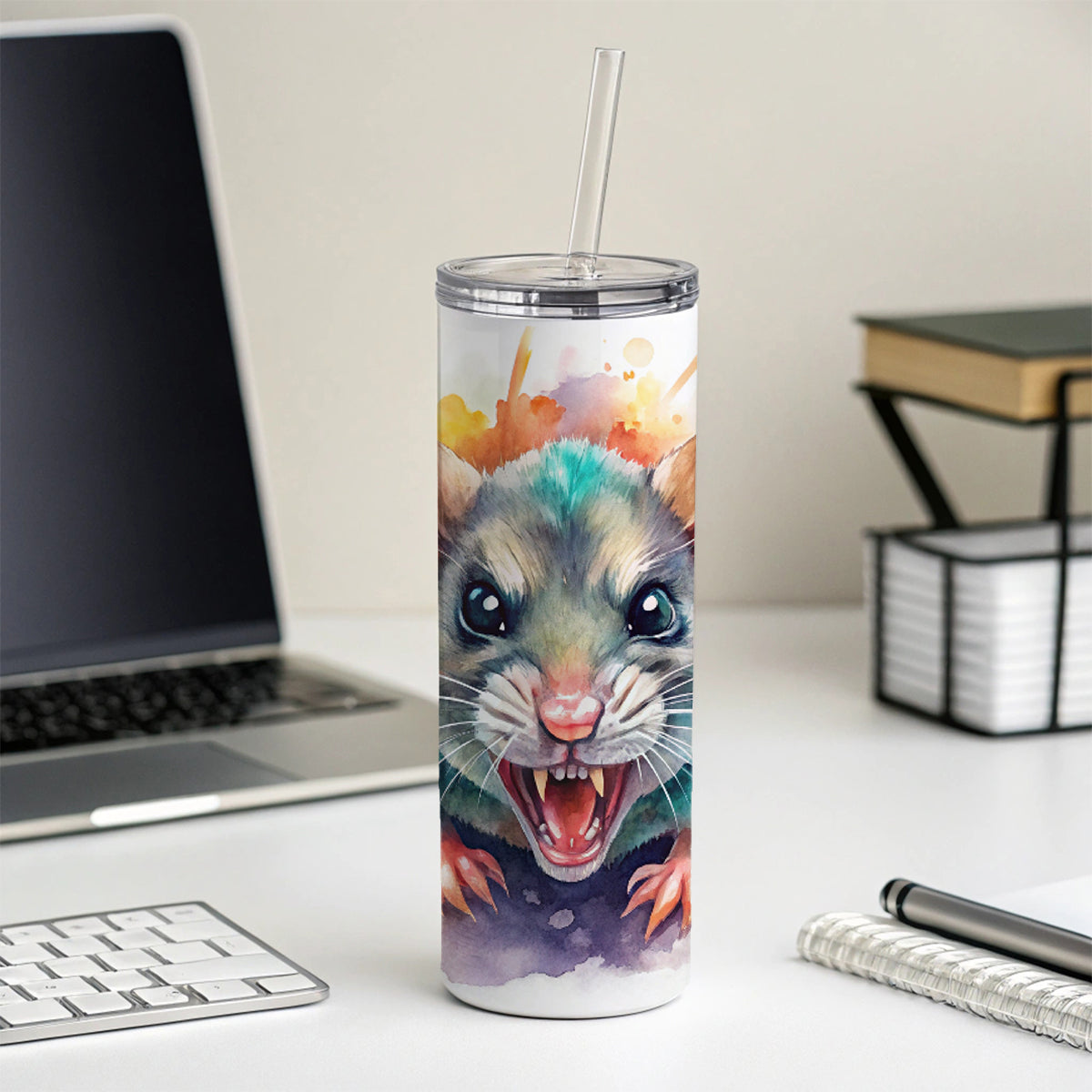 Angry Mad Mouse Watercolor Skinny Tumbler 20oz with Straw Insulated Water Bottle Gift