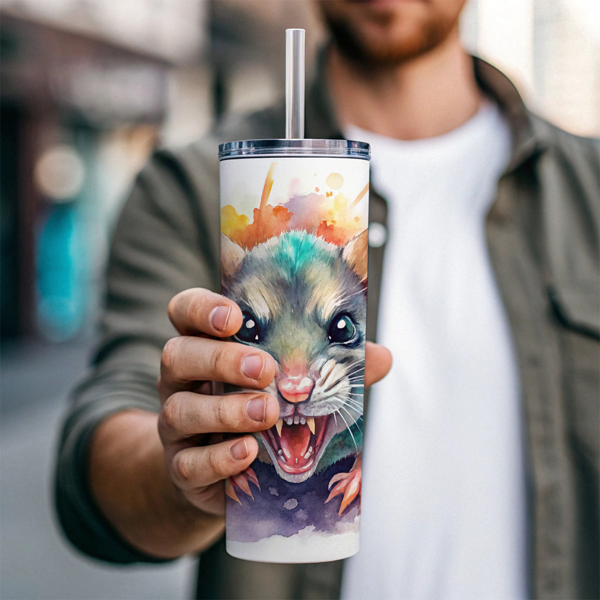 Angry Mad Mouse Watercolor Skinny Tumbler 20oz with Straw Insulated Water Bottle Gift