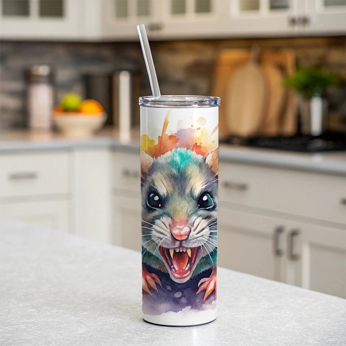 Angry Mad Mouse Watercolor Skinny Tumbler 20oz with Straw Insulated Water Bottle Gift