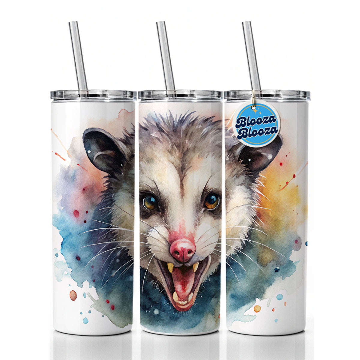 Angry Mad Opossum Watercolor Skinny Tumbler 20oz with Straw Insulated Water Bottle Gift