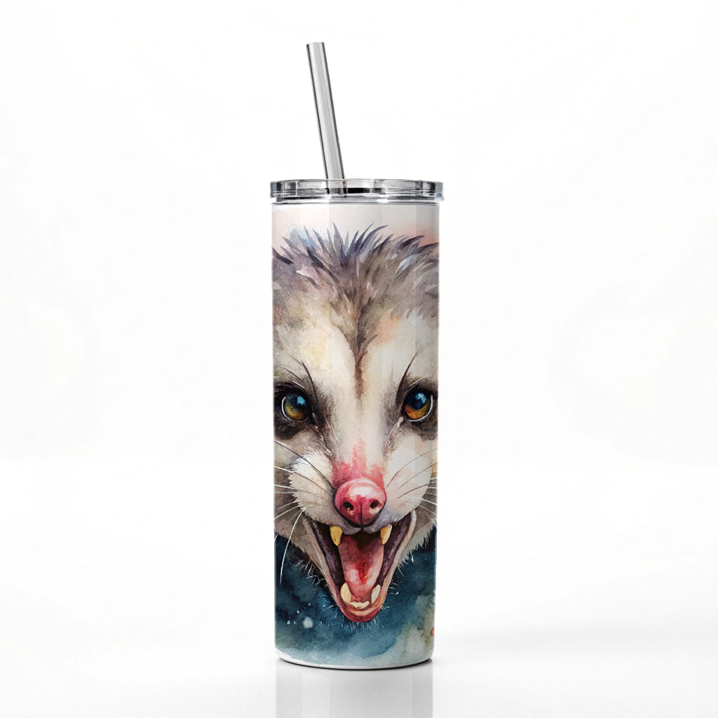 Angry Mad Opossum Watercolor Skinny Tumbler 20oz with Straw Insulated Water Bottle Gift
