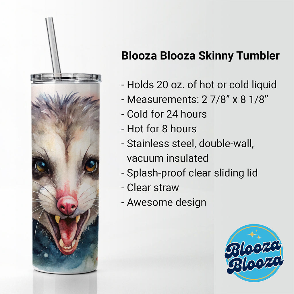 Angry Mad Opossum Watercolor Skinny Tumbler 20oz with Straw Insulated Water Bottle Gift
