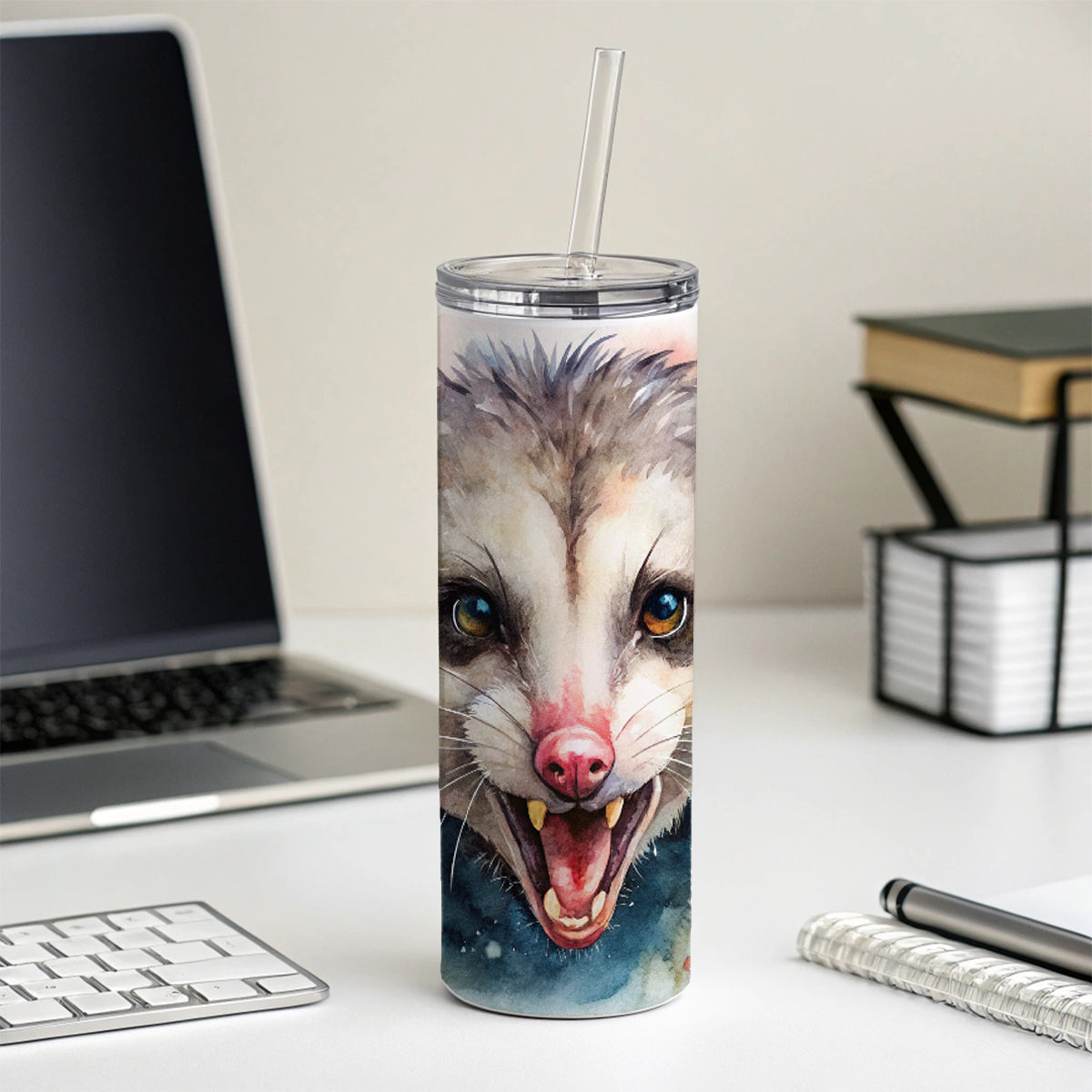Angry Mad Opossum Watercolor Skinny Tumbler 20oz with Straw Insulated Water Bottle Gift